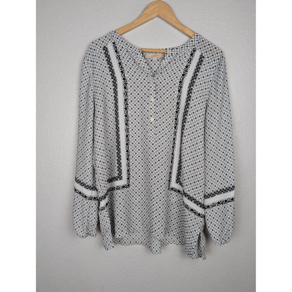 LOFT Blouse Womens Large Black‎ White Boho Print Tunic